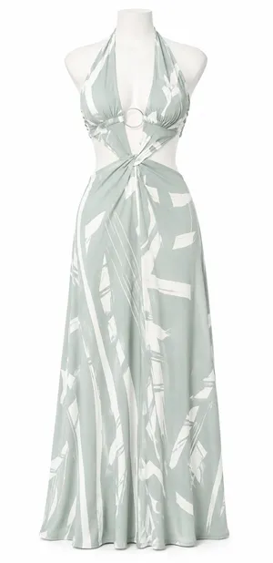 ELAMEF Sage Green Abstract Print Cutout Maxi Dress – Size M thumbnail 1