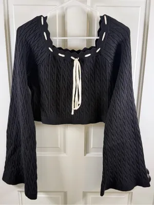Altar’d State Black Cable Knit Cropped Bell Sleeve Sweater XL NWT thumbnail 1