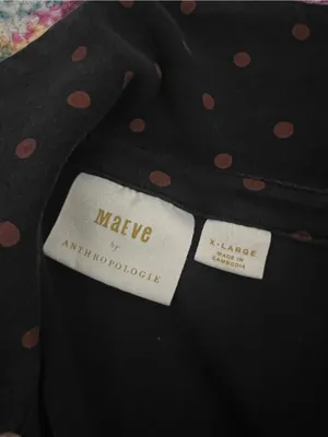 Maeve Anthropologie Ruched Button Front Top XL Black Tan Polka Dot Stretch thumbnail 6
