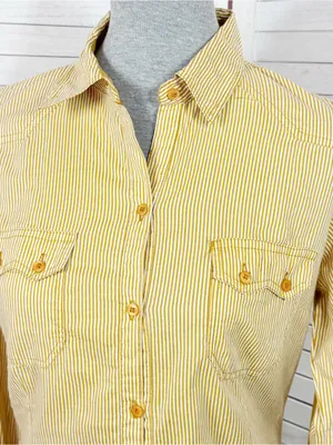 Zara TRF Striped Elbow Patch Western Style Button Up Shirt Yellow Medium thumbnail 5