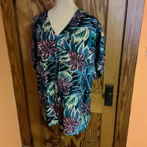 Vtg 80s Bright Tropical Flowers Blouse Blue Size L thumbnail 8