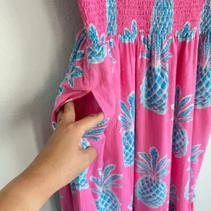 Crown & Ivy Women’s Dress M Pink Blue Pineapple Swiss Dot Smocked Maxi Beach thumbnail 5