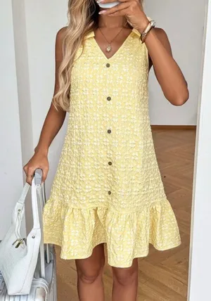 SHEIN Yellow‎ Textured Floral Tie Shoulder Ruffle Hem Mini Dress Size 6 M thumbnail 1