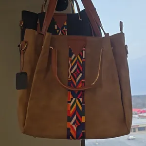Elegant Tan Tote with Colorful Pattern Brown thumbnail 1