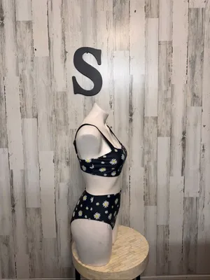 Daisy Floral High Waisted Bikini Set 2 Piece Swimsuit Womens Small Black White thumbnail 3