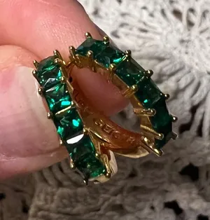 RARE Kurt Geiger Gold Huggie Hoops with Emerald Green Stones thumbnail 1