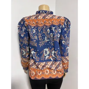 Love The Label Blue Orange Floral Batik Print Ruffle Neck Cotton BOHO Blouse Med thumbnail 4