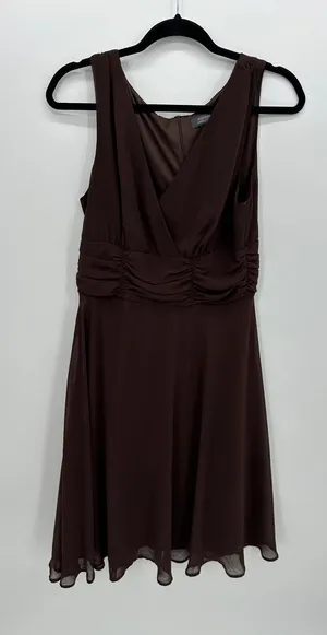 Chocolate Brown‎ Chiffon Ruched V-Neck Sleeveless Midi Dress Sz 12 Whimsigoth thumbnail 1