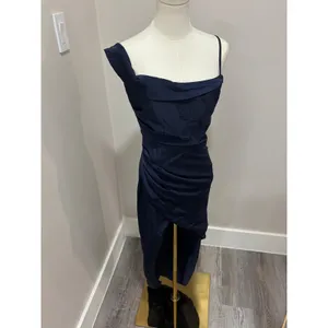 Lulus Navy Blue Satin One Shoulder High Low Ruched Formal Maxi Dress Small thumbnail 2