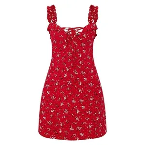 Pretty Little Thing ✨Red Ditsy Floral Print Frill Detail Shift Dress✨ thumbnail 5