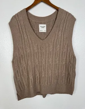 Abercrombie & Fitch Womens Cable Knit Sweater Vest Taupe Brown V-Neck Large thumbnail 1
