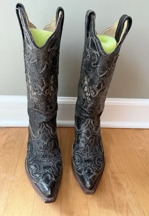 Corral Vintage Black Leather Exotic Lizard Inlay Cowgirl Boots C2108 Women's 7 M thumbnail 1