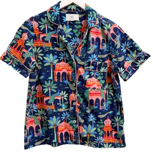 Printfresh Pajama Top Women XS Bagheera Peacock Organic Cotton Short Sleeve Blue thumbnail 1