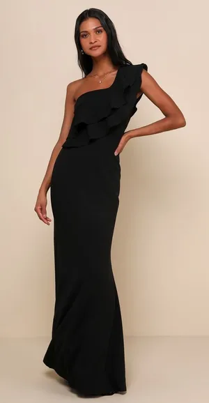Lulus New Grand Beauty Black Ruffled One-Shoulder Mermaid Maxi Dress Size XS MSRP $89 thumbnail 1