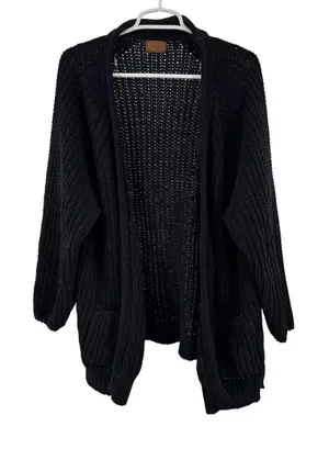 POL Black Open-Knit Women's Cardigan M oversized neutral capsule open front thumbnail 1