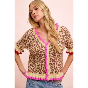 BiBi Leopard Patterned Ruffled Detail Button Cardigan thumbnail 4