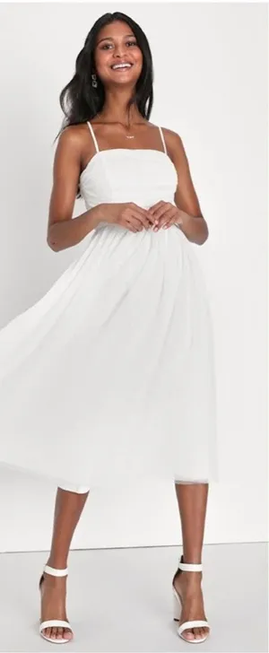 Lulus Darling Sweetheart White Swiss Dot Ruched Midi Dress Size XS bridal Shower thumbnail 1