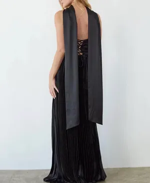 Black Pleated Formal Maxi Dress with Scarf thumbnail 6