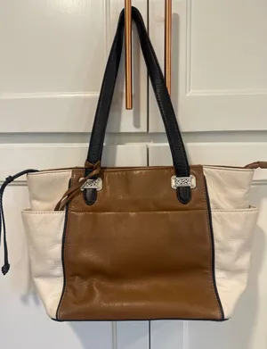 Brighton Tri-Color Leather Tote Bag Brown Cream Black Heart shoulder purse thumbnail 1