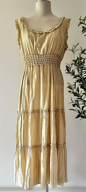 Max Studio Light Yellow tan Gingham Smocked Maxi Dress thumbnail 1