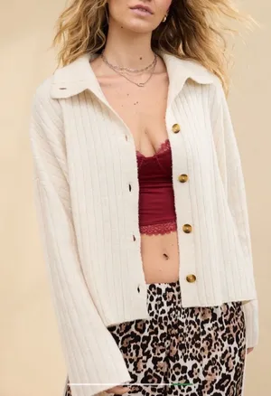 Aerie unREAL Ribbed Cardigan Sweater Collared Button Front Cozy‎ Cream Medium thumbnail 1