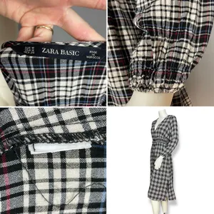 Zara Plaid Dress Shirred Smocked Long Sleeve V-Neck‎ Midi Women Size Medium thumbnail 9