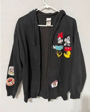 Disney Women Hoodie Sweater M Mickey Mouse Minnie Mouse Black Broken Zipper Y2K thumbnail 1