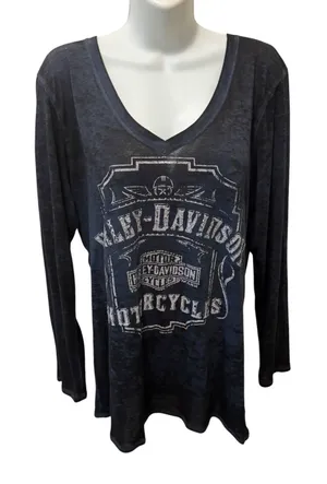 Harley Davidson Motorcycles Burn~Out V~Neck Tee XL Okoboji Iowa Bling Graphics thumbnail 1