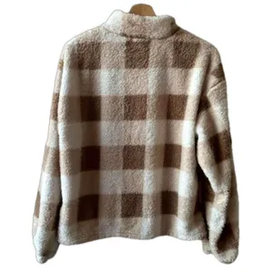 Forever 21 Tan Plaid Sherpa Medium Half Zip Pullover Teddy Bear Fleece Gingham thumbnail 2