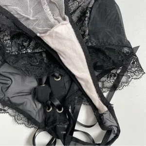 Victorias Secret Body Suit Nighty Thong Lace Plunge Neck Corset Lace Up Black thumbnail 14