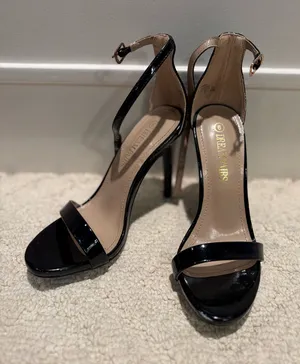 Black Patent Stiletto Heels Ankle Strap Open Toe Sandals Size 6 thumbnail 1