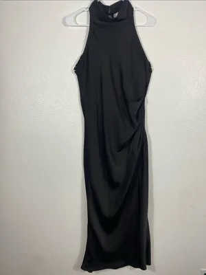 Hello Molly Black Halter Satin Maxi Dress with Side Slit Size L US8 thumbnail 4