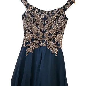 Betsy & Adam Navy Blue Gold Sequin Embroidered Gown ‎ Size 2 Sweetheart V-Back thumbnail 10