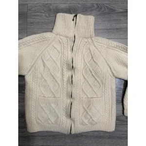 80s Carraig Donn Handknit Merino Wool Aran Zip Cropped Cardigan Sweater Cream M thumbnail 13