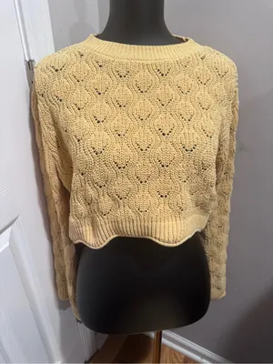 Mi Ami for Francesca’s Cream Pointelle Knit Cropped Sweater Large Cottagecore thumbnail 1