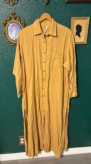 By Anthropologie Oversized Linen Button-Front Maxi Dress Sz Small Tan Orange thumbnail 1