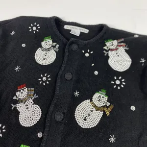 Victoria Jones Cardigan Sweater Womens‎ Medium Black Snowman Ugly Christmas thumbnail 2