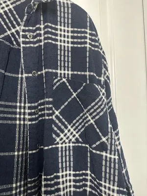 Free People Oversized Navy & White Flannel Plaid Button-Up Shirt thumbnail 7