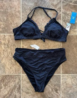 Cupshe Black Floral Jacquard Scalloped Bralette & High Waist Bikini Set Large thumbnail 1