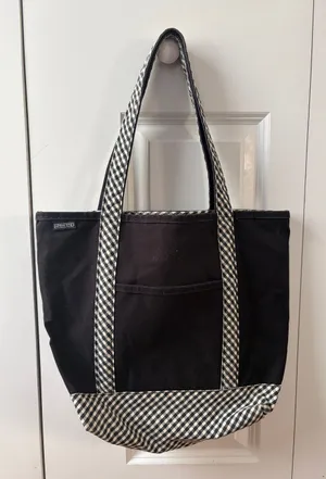 Lands' End Black & White Plaid Check Canvas Tote Bag thumbnail 1