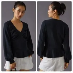 Anthropologie Women's Black V-Neck Ruched Peplum Top Size Small thumbnail 2