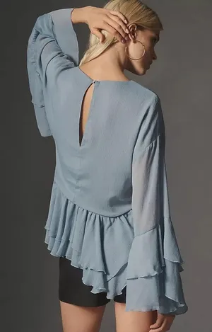 Anthropologie NWT Long-Sleeve Ruffled Tunic Blue Blouse. Size Small thumbnail 4
