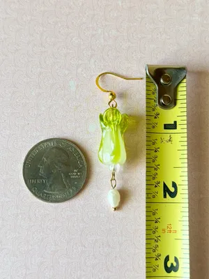 Handmade lamp work cabbage & freshwater funky boho fairy cute unique dangle earrings 🥬✨ thumbnail 5