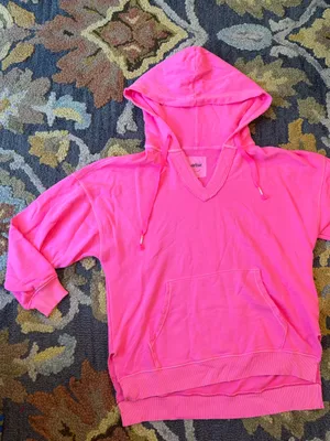 Aerie Bright Pink V-Neck Distressed Hoodie Sweatshirt thumbnail 1