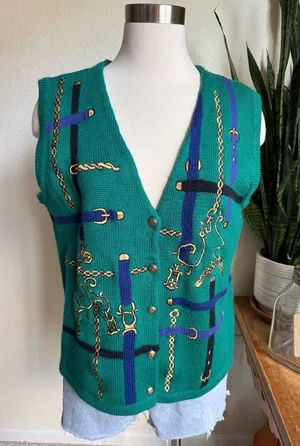 Vintage Equestrian Sweater Vest Green Gold Chain Print Horse Bit Buttons M‎ thumbnail 1