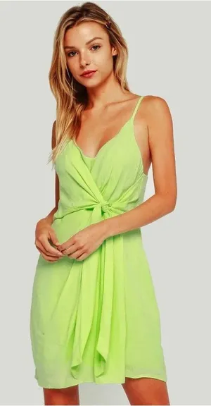 Olivaceous Light Lime Colored Knot-Front Slip Mini Dress thumbnail 1