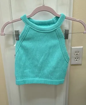 Aerie Real Good Seamless Ribbed Halter Crop Tank Top Teal Green Size S thumbnail 1