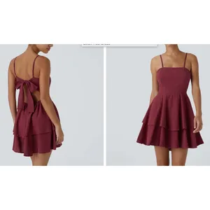 Halara Women's‎ Tie Back Tiered Ruffle Flowy Slip Mini Casual Linen Feel Dress S thumbnail 11