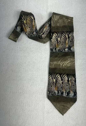 Endangered Species Mens Tie Silk Art Zebras At The Waterhole Necktie Vintage thumbnail 1