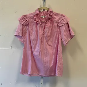 Patty Kim Pink White Striped Ruffle Neck Tiered Sleeve Blouse Medium Boho thumbnail 2